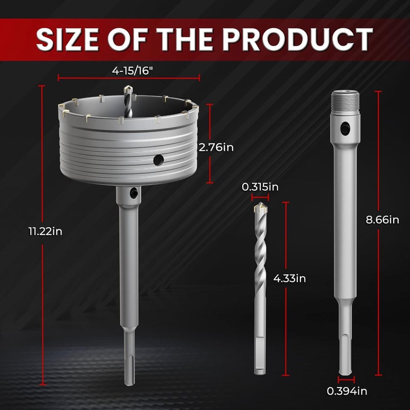 CSOOM Concrete Hole Saw 4-7/8" (125mm) with 220mm SDS Plus Shank Connecting Rod, Carbide Cement Hole Saw for Concrete Cement, Brick Wall Stone - Image 2